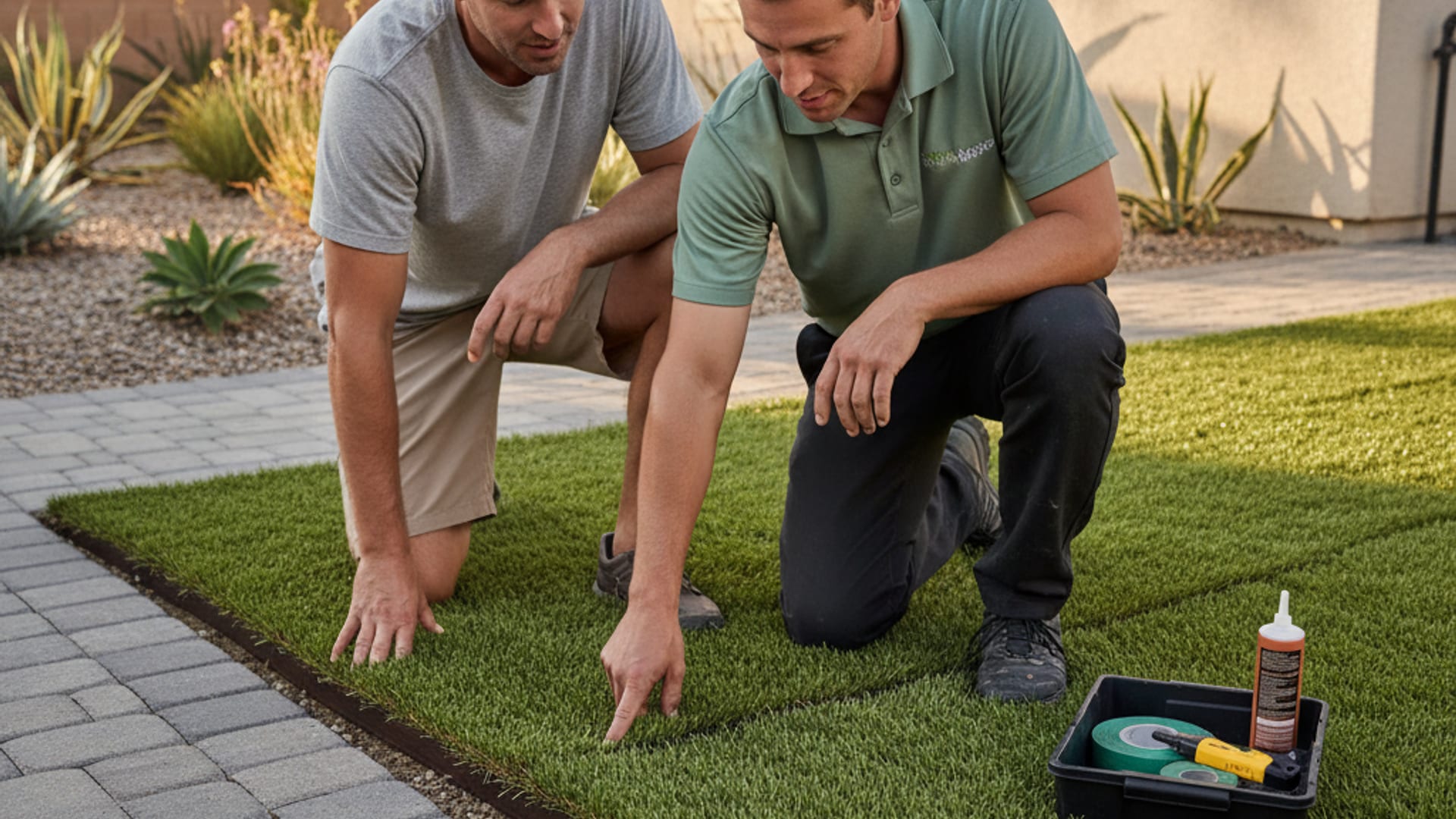 turf installer walking a homeowner through artificial turf maintenance options in a sunny San Diego backyard