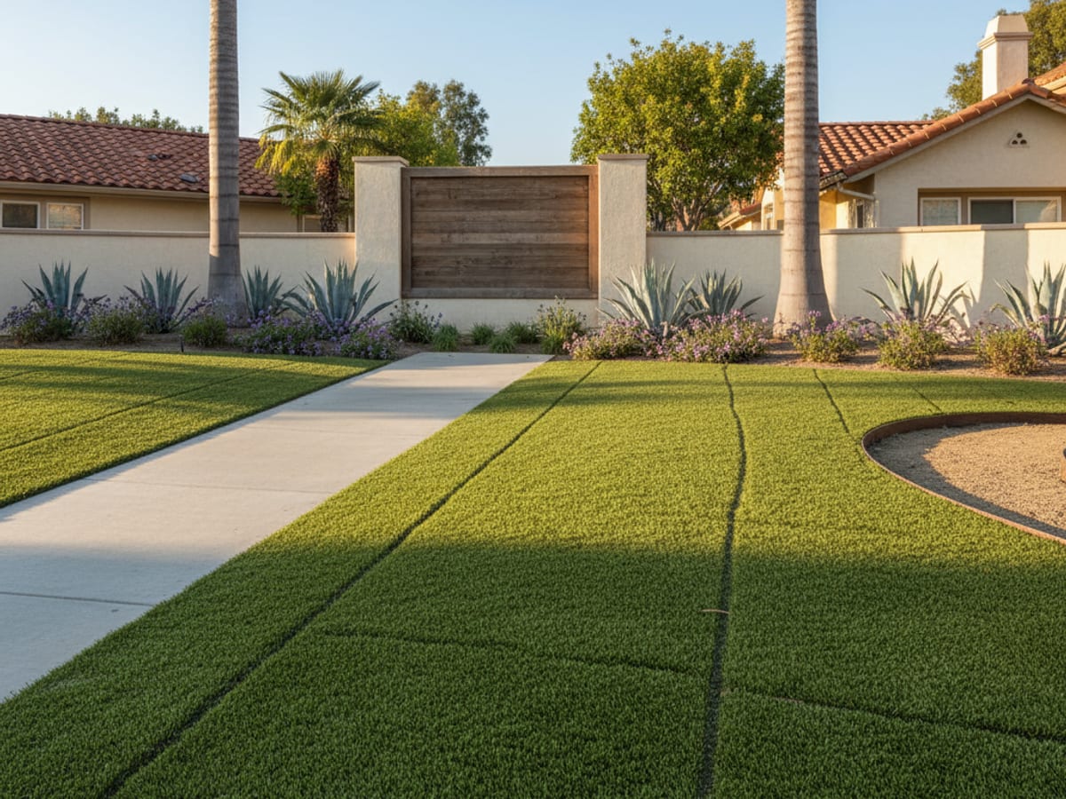 Commercial artificial turf courtyard outside a San Diego office building with seating and landscaping