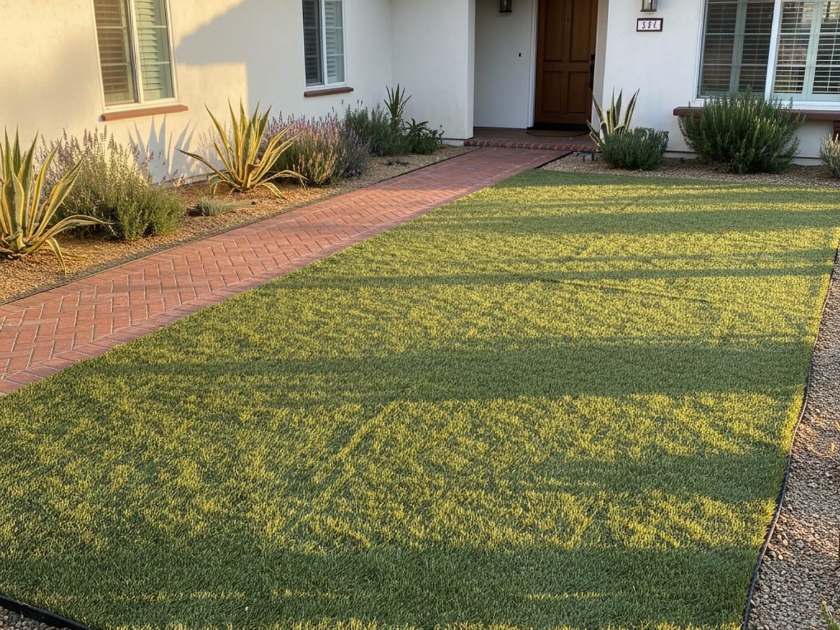 A San Diego front yard with freshly installed artificial turf framed by drought-tolerant plants and a clean walkway